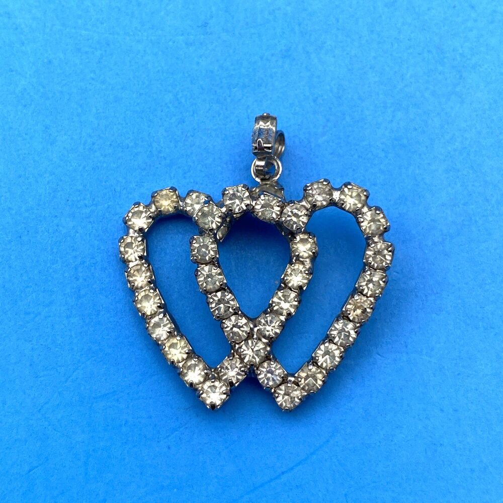 Vintage Rhinestone Double Heart Pendant Love Valentine Silver Tone